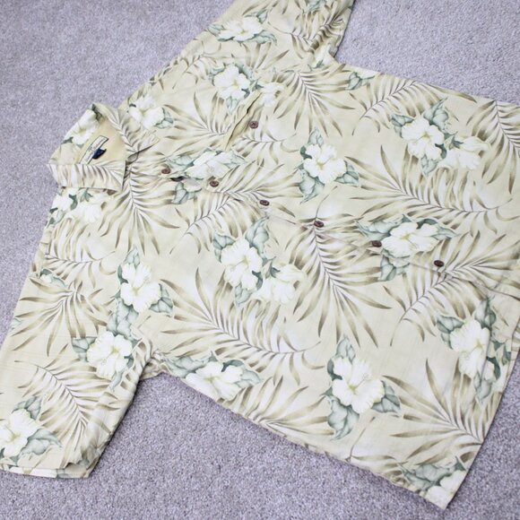 Tommy Bahama Camp Shirt Men Medium Beige Floral Loop Collar Orange 100% Silk S/S - Picture 7 of 13